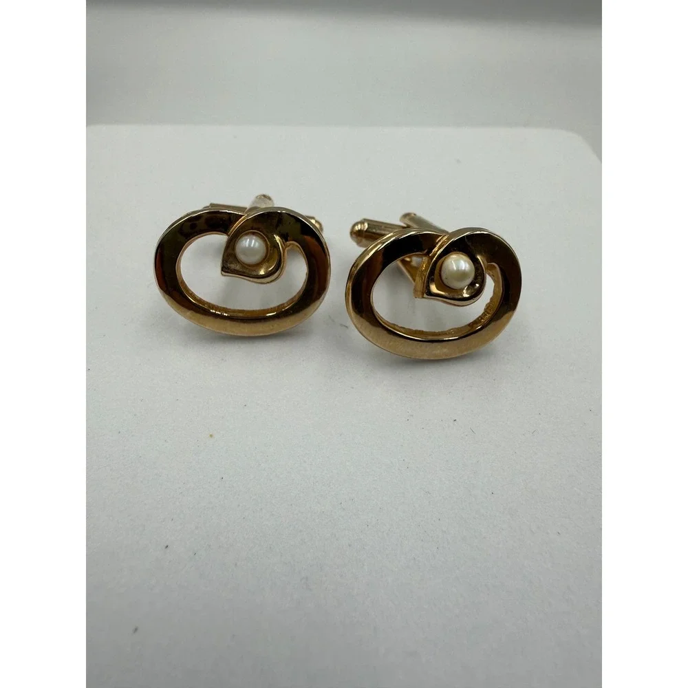 VTG Gold Tone Open Oval Swirl Faux Pearl Accent Cufflinks Formal Mens Accessory
